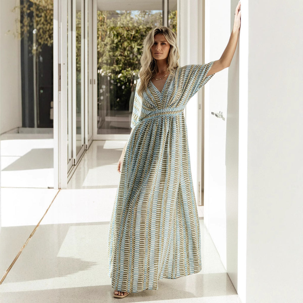 Vacation Beach Blouse Dress Printed Chiffon Backless Strap Sun Protection Dress DREAMCHIN