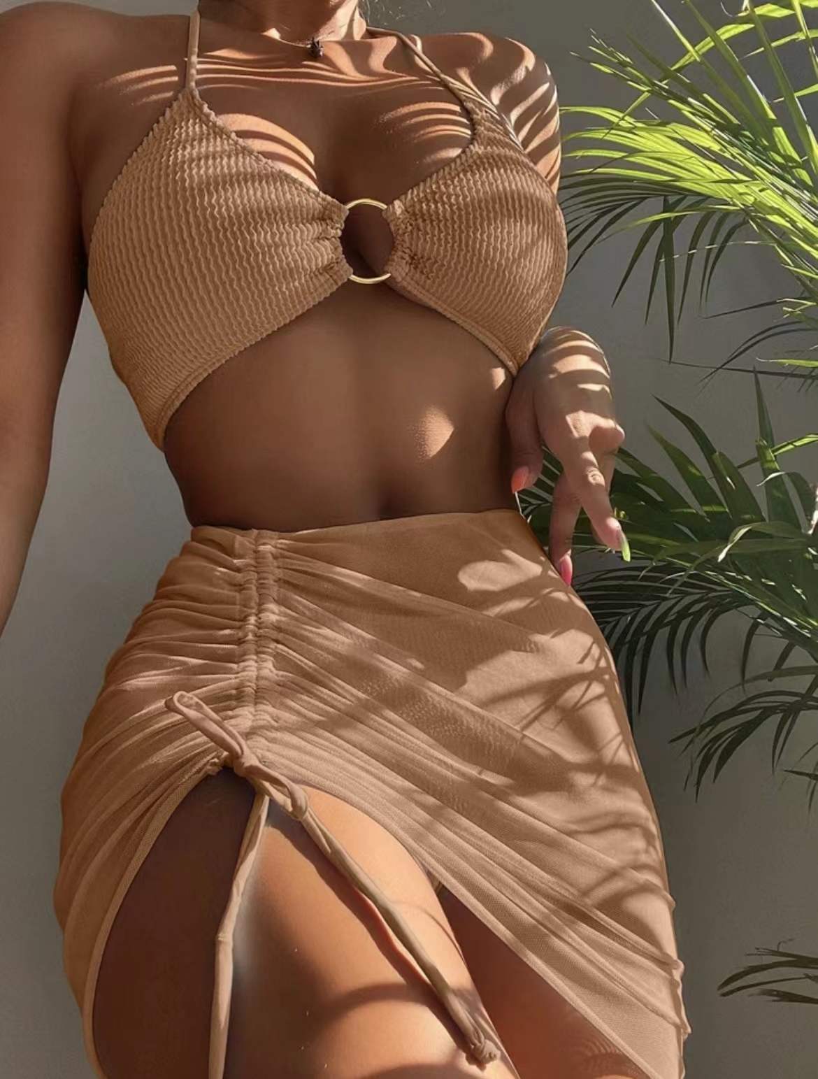 Traje de baño de primavera y verano para mujer, ajustado, de color liso, sexy, con cuello halter, conjunto de tres piezas
