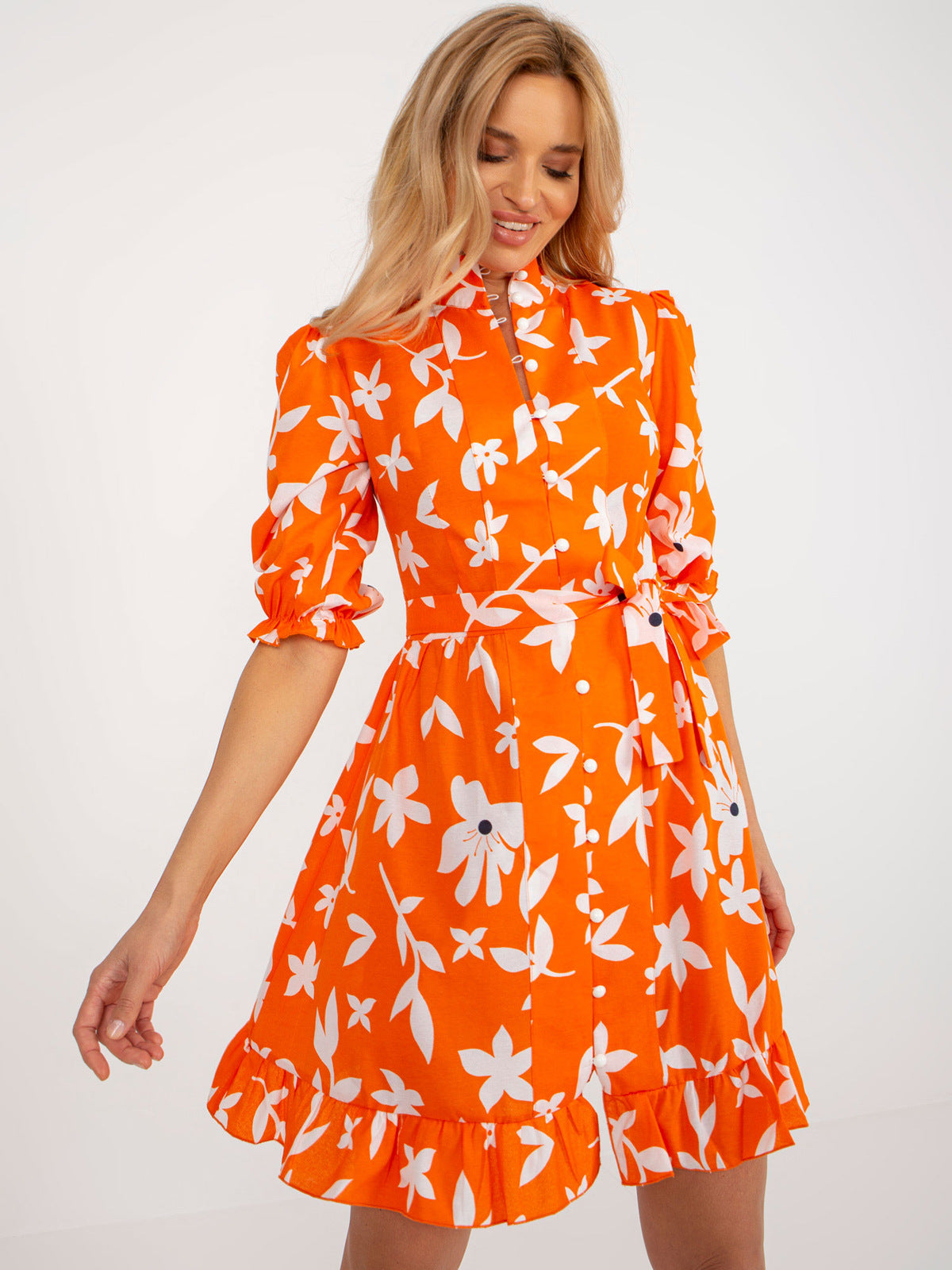 Summer Belt Tight Waist Shirt Bubble Sleeve Printed Dress DREAMCHIN