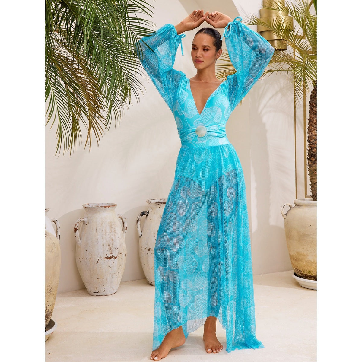 Traje de baño para mujer con cuello en V, manga larga de malla, estampado brillante de conchas, traje de baño de una pieza, conjunto de dos piezas