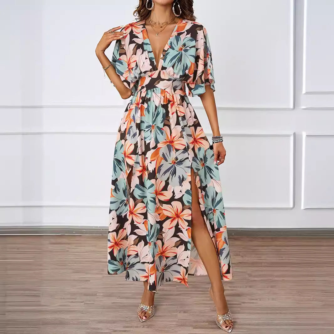 Summer Floral Print Maxi Dress Elastic Band Waist Tight Big V neck Short Sleeve Dress for Women XINXI