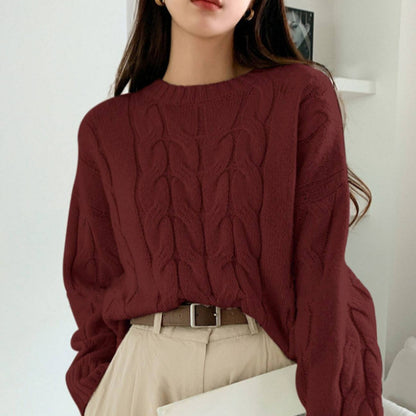 Autumn Winter Women Cable Knit Pullover Sweater Loose round Neck Solid Color All Matching Trendy Knitwear Top