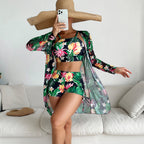 Swimsuit Women Split Three Piece Boxer Shorts Printing Mesh Red Conservative Swimsuit