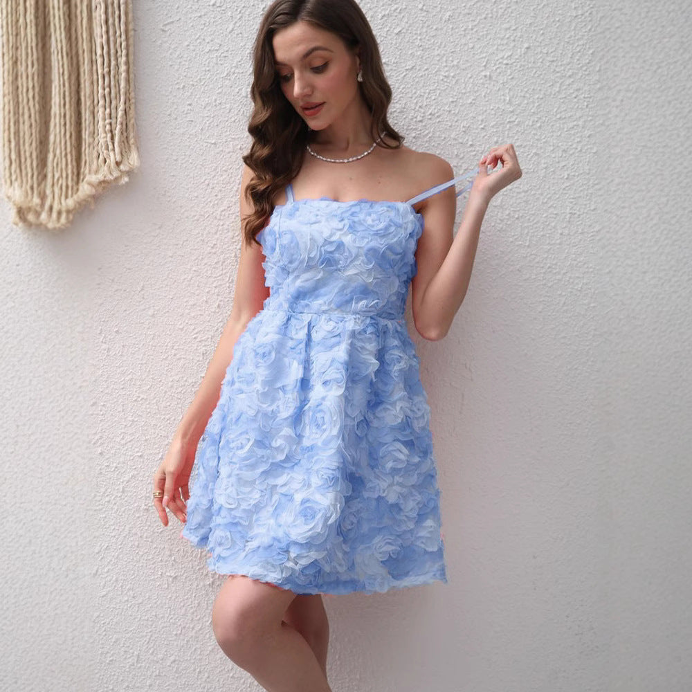 Summer Three Dimensional Rose Embroidered Sweet Elegance Suspender Strap Bow Dress for Women CHARM