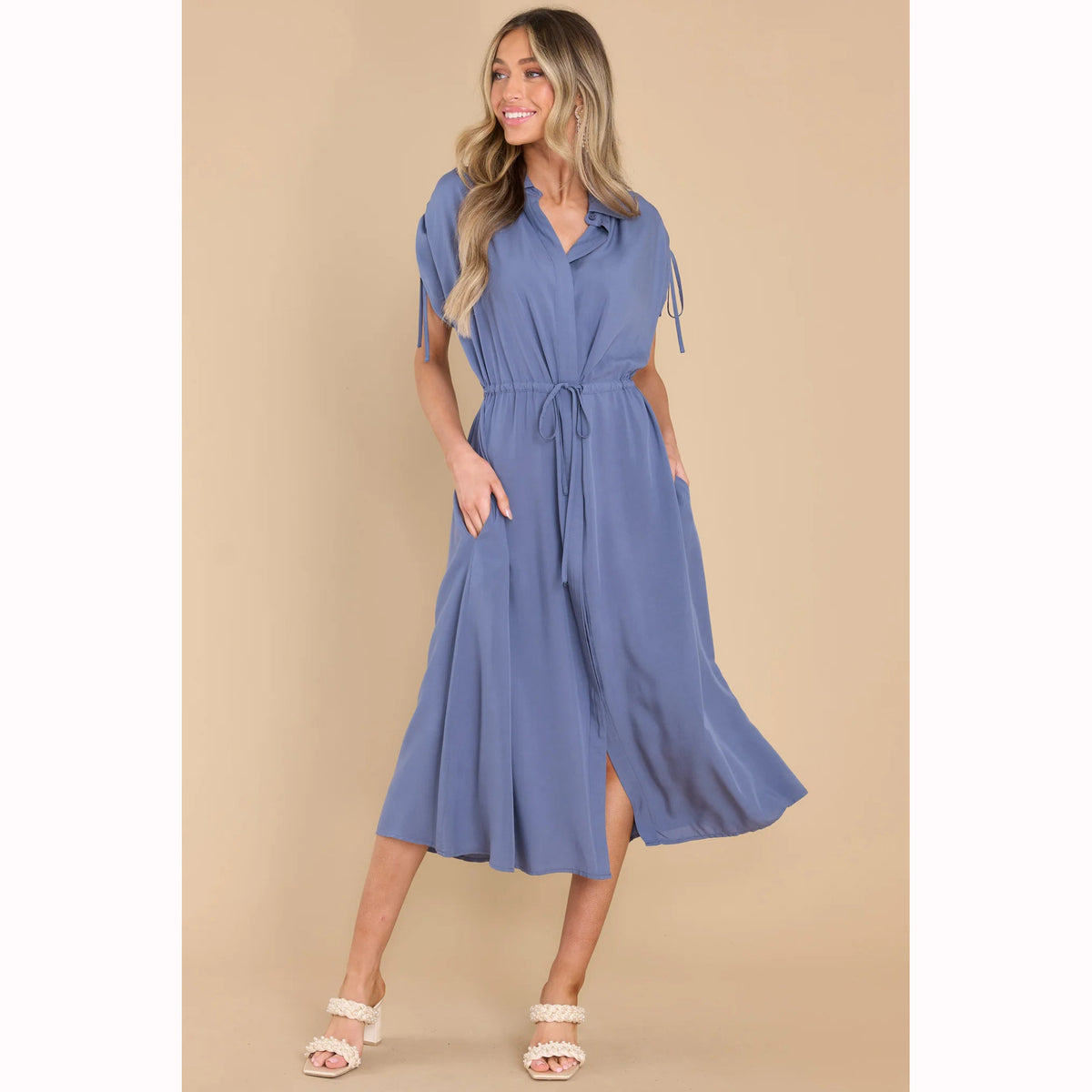 Trendy Summer Fitted Waist Turn down Collar Single Breasted Drawstring Dress XUYUN