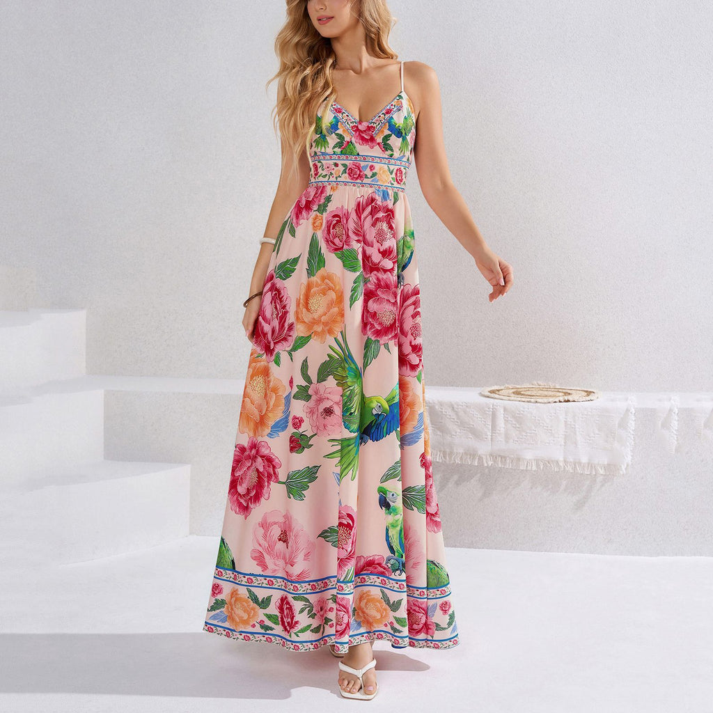Summer Printing Slip Dress Sexy Vacation Backless Lace up Waist Slimming Maxi Dress SUNSHINE