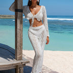 Vacation Beach Hollow Out Cutout Bikini Lace up Short Top Sun Protection Long Skirt Blouse Two Piece Sets Tidee
