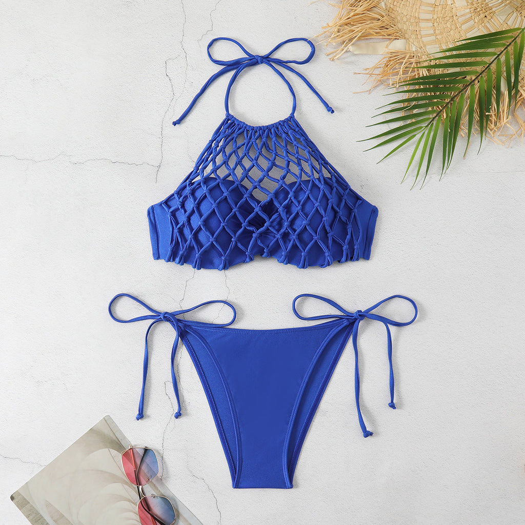 Solid Color Mesh Hollow Out Cutout out Sexy Low Waist Bikini Split Swimsuit Bikini Thunder