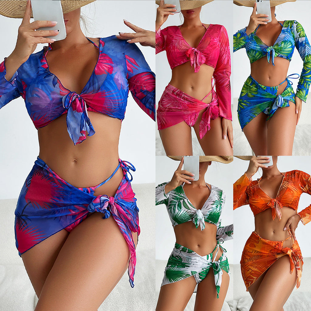 Maillot de bain femme quatre pièces fendu à manches longues imprimé célébrités Internet à lacets