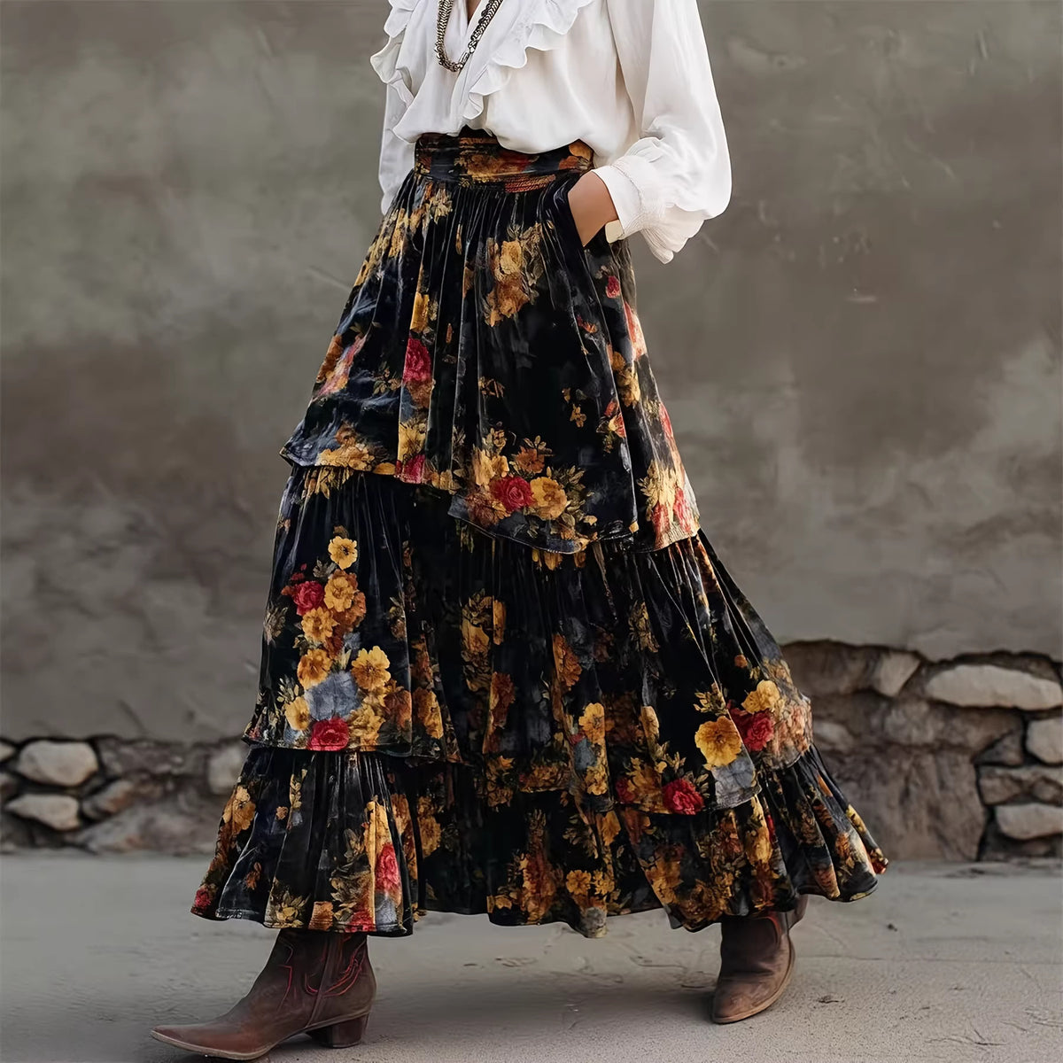 Skirt Fashionable Elegant Large Skirt Floral Slimming Retro High Waist Tiered Ruffle Maxi Dress Women Venly