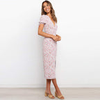 Summer Popular Short Sleeve Printed V neck Sexy Slit Dress for Women