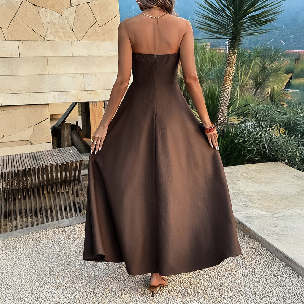 Spring Summer Woven Tube Top Solid Color Retro Holiday Casual Dress CKK
