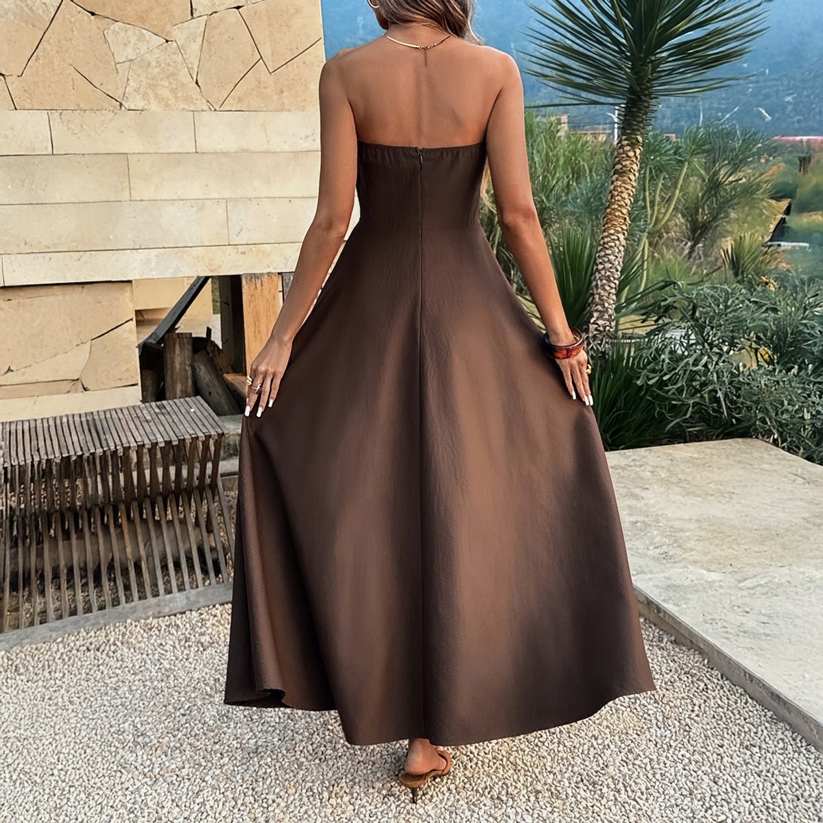 Spring Summer Woven Tube Top Solid Color Retro Holiday Casual Dress CKK