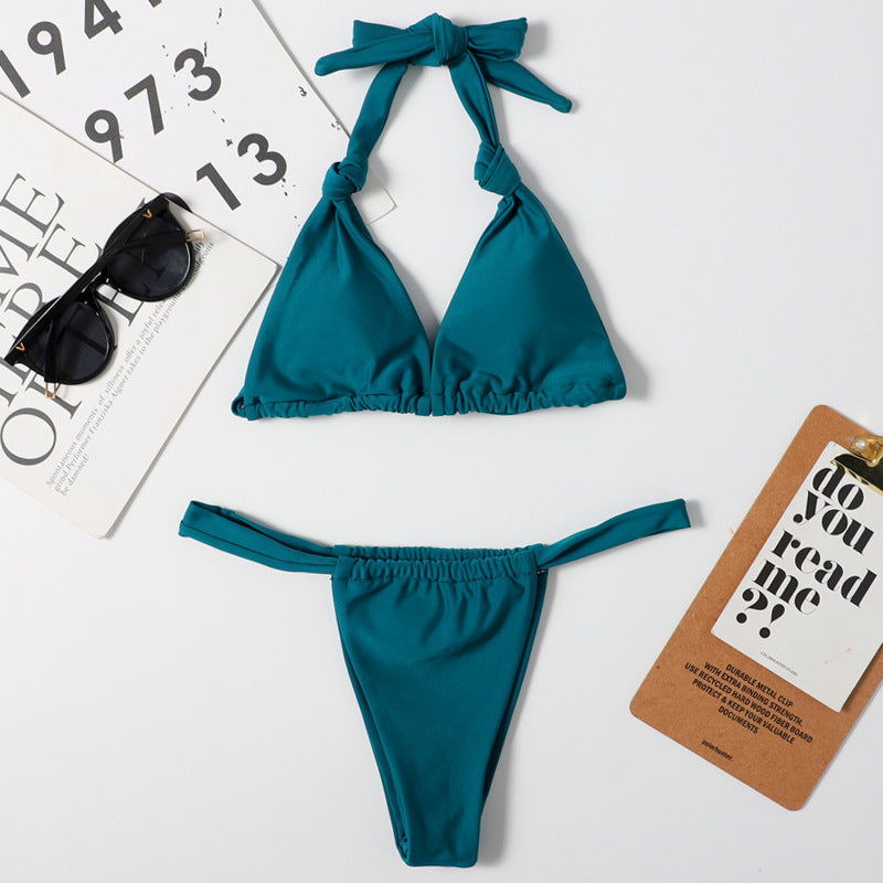 Bikini de nailon de doble cara para mujer, traje de baño sexy de color liso con cuello halter y cordones, bikini triangular
