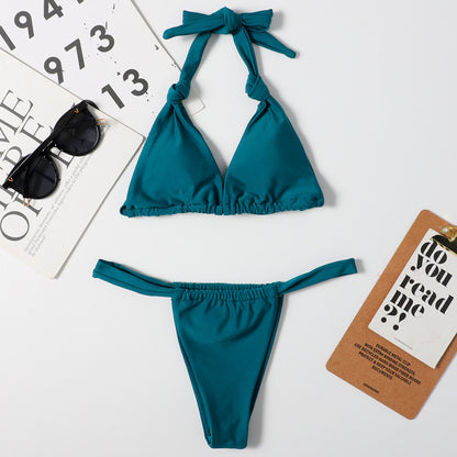Bikini de nailon de doble cara para mujer, traje de baño sexy de color liso con cuello halter y cordones, bikini triangular