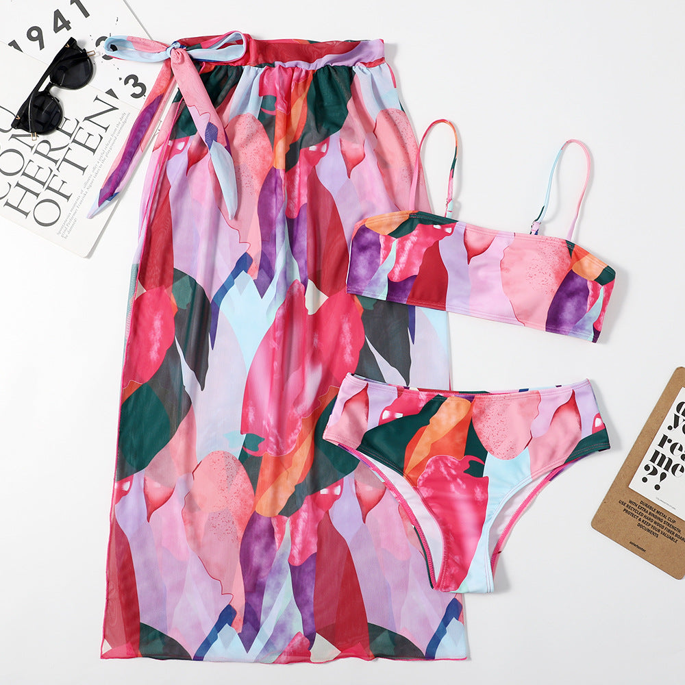 Bikini triangular de malla para mujer, conjunto de tres piezas con estampado sexy, traje de baño dividido