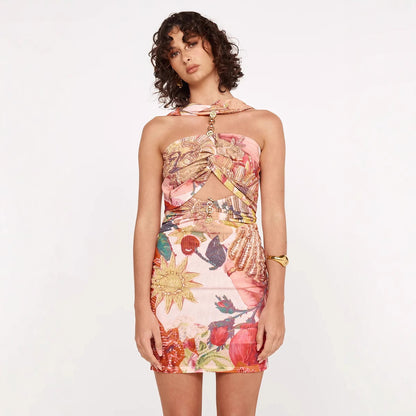 Spring Summer Halter Mesh Printing Dress Elastic Casual Holiday Dress