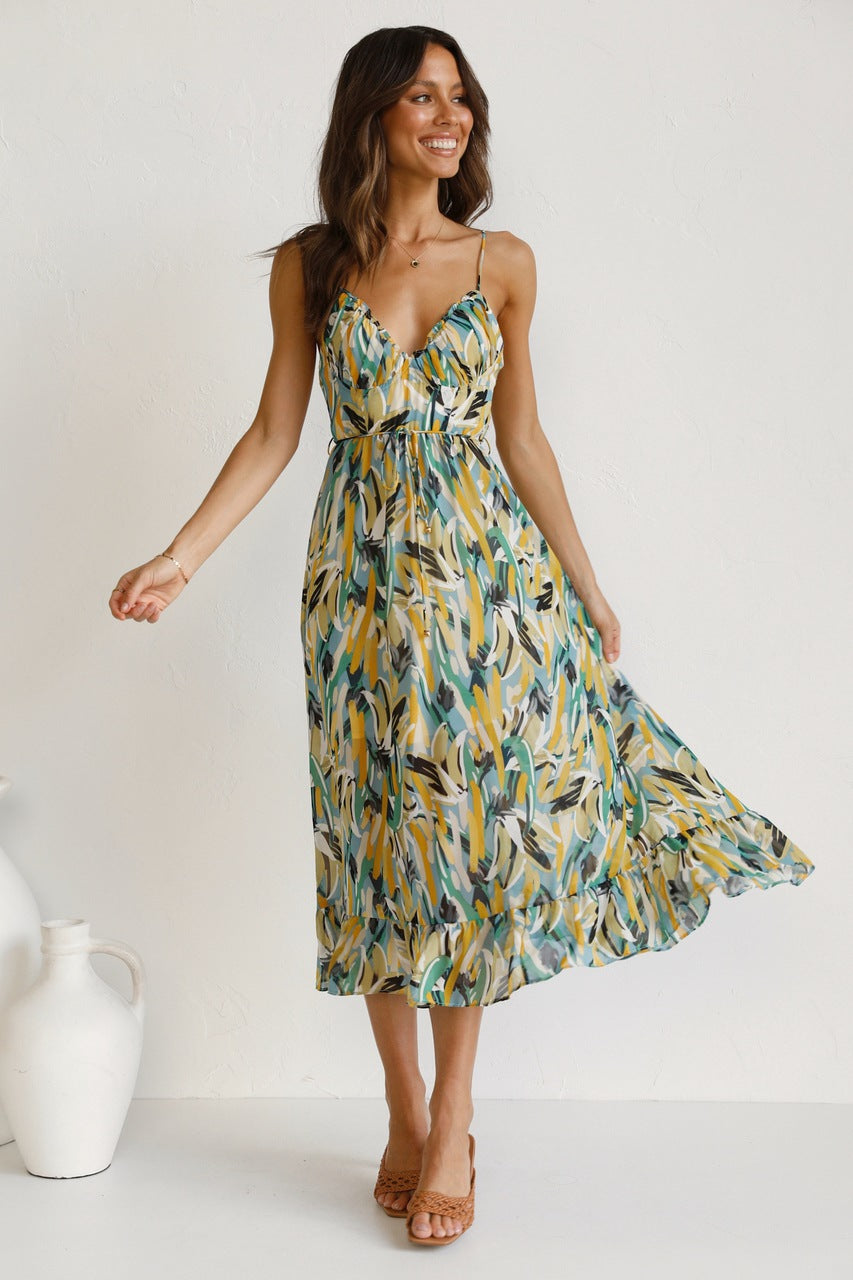 Women Printed Ruffle Sleeveless Dress Angel
