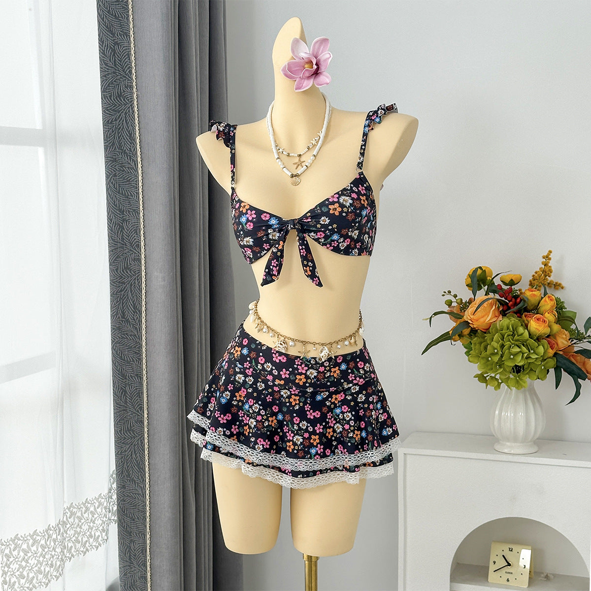 Floral Flounce Sling Small Fresh Split Swimwear Swimsuit Bikini Beach Vacation SanYuva