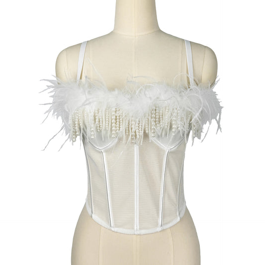 Sujetador de corsé con plumas de perla, sexy, con varillas, para otoño e invierno, a juego, top de tubo, tirantes en la espalda, camisola con borlas para escenario