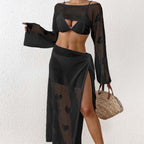 Women Beach Suit Sexy Hollow Out Cutout out Heart Jacquard Woven Overclothes Top Lace up Skirt Two Piece Sets Oyimi