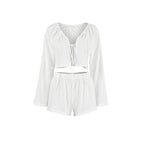 Spring White Pure Cotton Cardigan Lace up Ladies Homewear Casual Long Sleeve Shorts Pajamas Two Piece Set