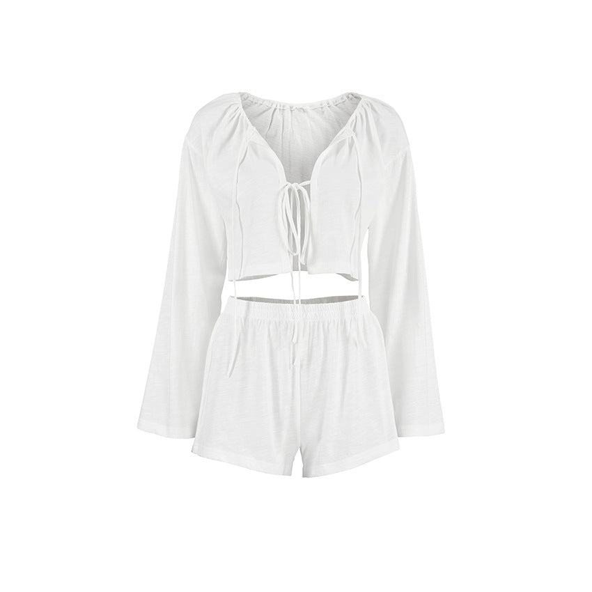 Cárdigan de algodón puro blanco de primavera con cordones para mujer, ropa de casa informal de manga larga, pantalones cortos, pijama, conjunto de dos piezas