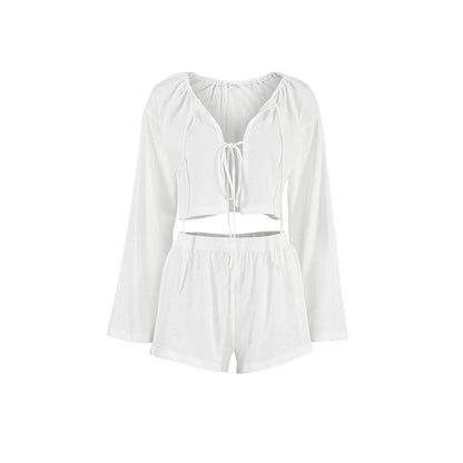 Cárdigan de algodón puro blanco de primavera con cordones para mujer, ropa de casa informal de manga larga, pantalones cortos, pijama, conjunto de dos piezas