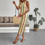 Ethnic Vacation round Neck Striped Contrast Color Sleeveless Sheath Dress HUNDRED