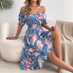 Spring Summer Floral Off Shoulder Short-Sleeved Ruffle A Line Holiday Dress BAGIISA