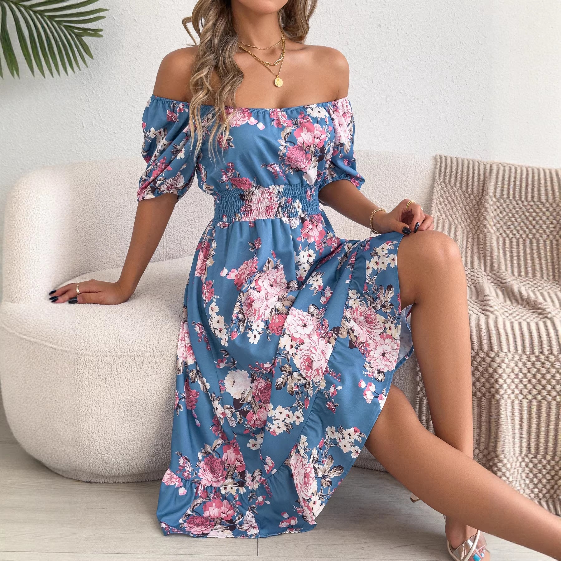 Spring Summer Floral Off Shoulder Short-Sleeved Ruffle A Line Holiday Dress BAGIISA