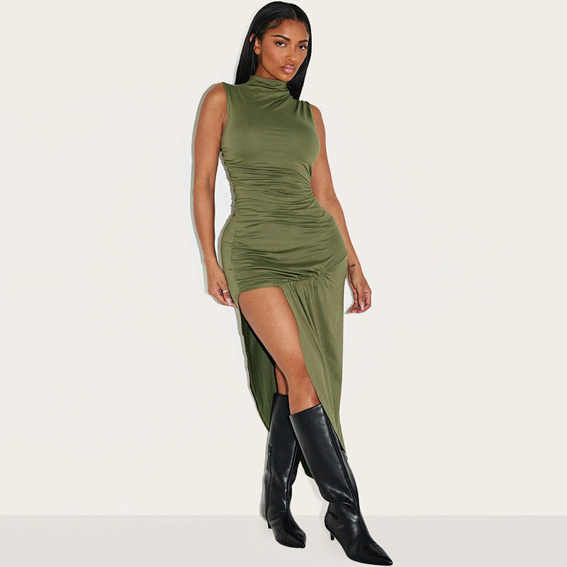 Summer Personality Slim Fit Pleated Sheath Side Slit Sleeveless Dress Women BULLINGER