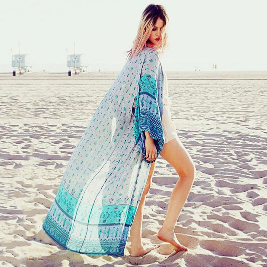 Chiffon Print Beach Cover Up Sexy Cardigan Loose Vacation Sun Protection Shirt Seaside Beach Cover Up