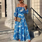 Spring Summer off Shoulder Printing High Waist Elegant Dress Women Havill