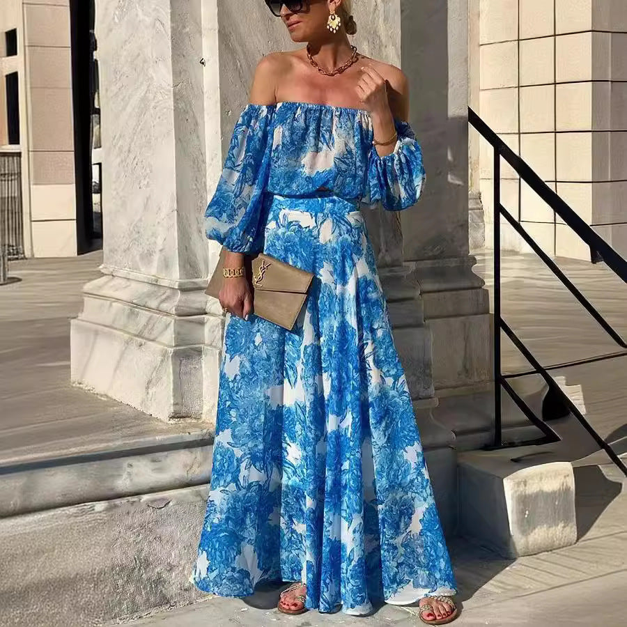 Spring Summer off Shoulder Printing High Waist Elegant Dress Women Havill