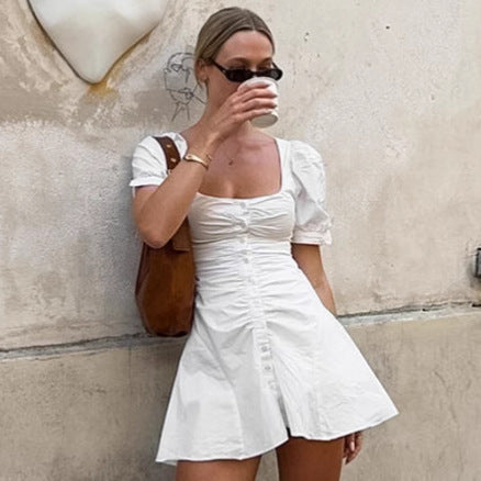 Cotton White U Collar High Waist Puff Sleeve Dress Summer Short Dress Women FOREVEREIGHTEEN
