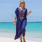 Bata de playa holgada con bordado azul, para vacaciones, para playa, protección solar, bikini, traje de baño, blusa