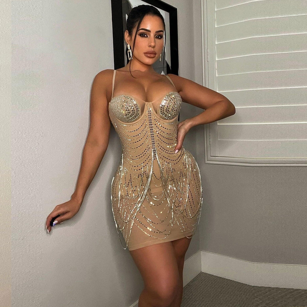 Sexy Slim Fit Rhinestone Tassel Dress WINNIEYA