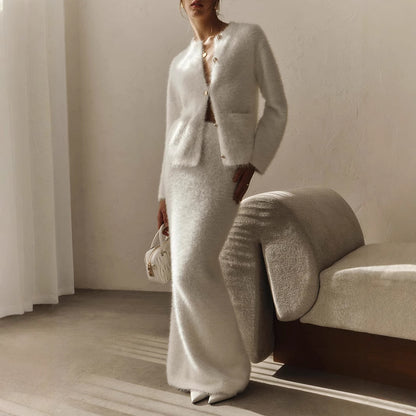 Plush Long-Sleeved Skirt Set Autumn Winter Single Breasted Cardigan Skirt Set