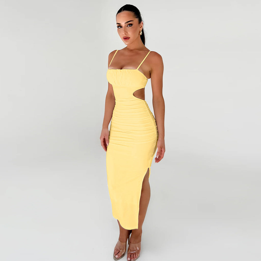 Robe maxi sexy dos nu à volants et fente sur les hanches pour femme