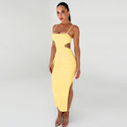Robe maxi sexy dos nu à volants et fente sur les hanches pour femme
