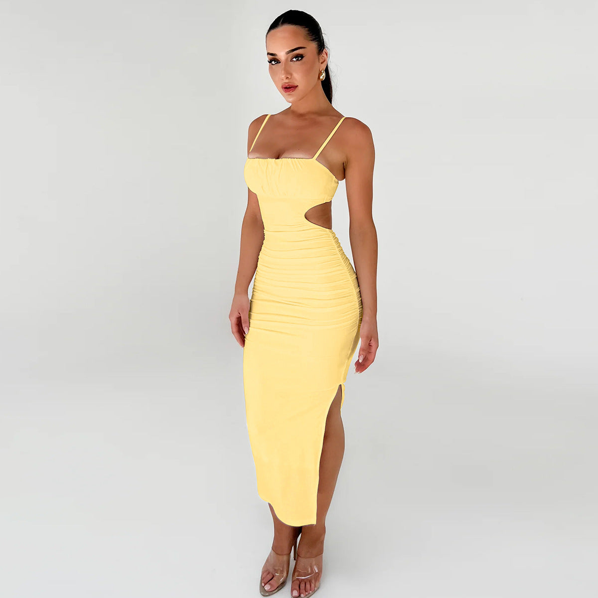 Robe maxi sexy dos nu à volants et fente sur les hanches pour femme