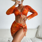 Maillot de bain femme quatre pièces fendu à manches longues imprimé célébrités Internet à lacets