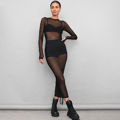 Vestido blusa larga y corta ajustable con cuello redondo y manga larga de malla plisada para mujer