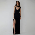 Summer Elegant Ribbon Women Dress Sexy Backless High Slit Ruffled Slim Dress
