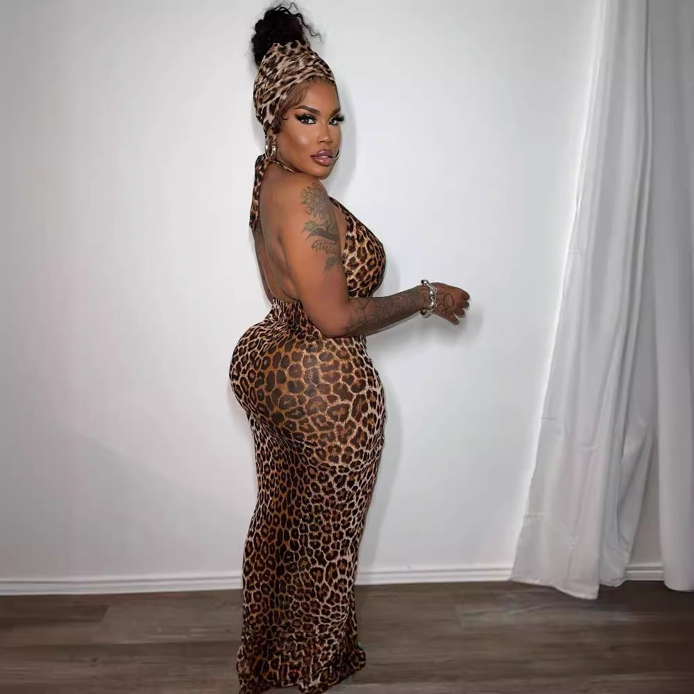 Printed Lace Up Halter Waist Elastic Ruffle Hip Leopard Print Dress WINNIEYA
