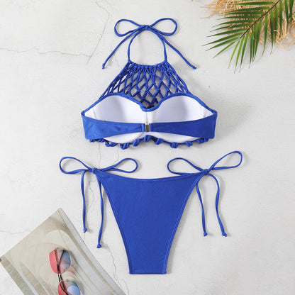 Solid Color Mesh Hollow Out Cutout out Sexy Low Waist Bikini Split Swimsuit Bikini