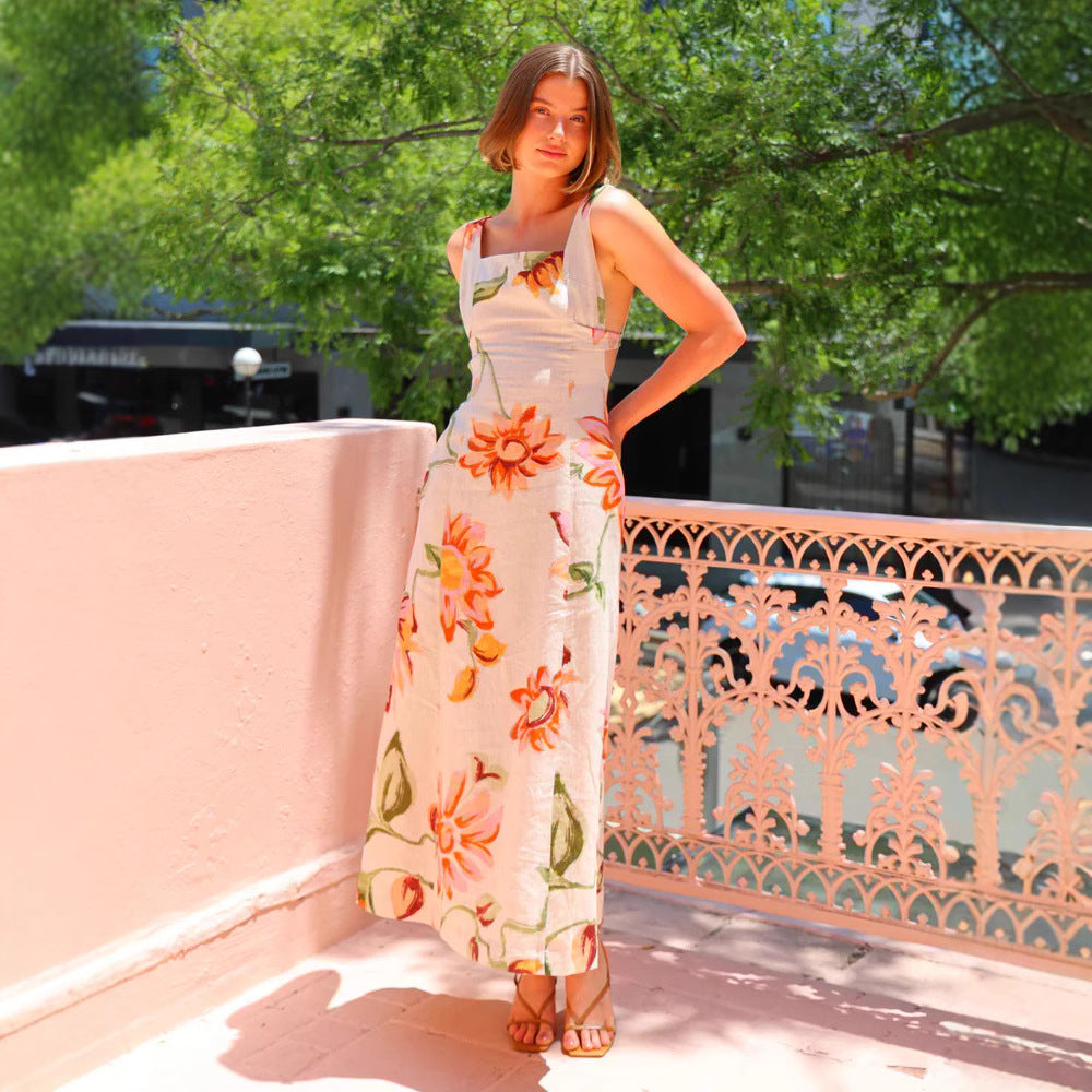 Summer Vacation Printed Maxi Dress Backless Sling Dress XUYUN