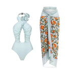 Lonkey French Two Sets Women Swimsuit Solid Color Flying Edge Cross Hollow Out Cutout-out Swimsuit Women