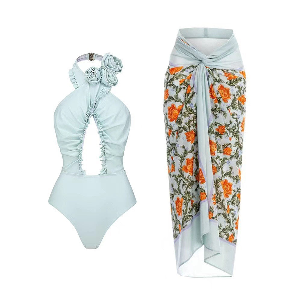 Traje de baño francés de dos piezas para mujer de Lonkey, color liso, con borde volador, cruzado, ahuecado y recortado.